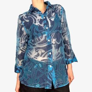 Alfred Dunner mesh sheer button down collared top blue white floral
